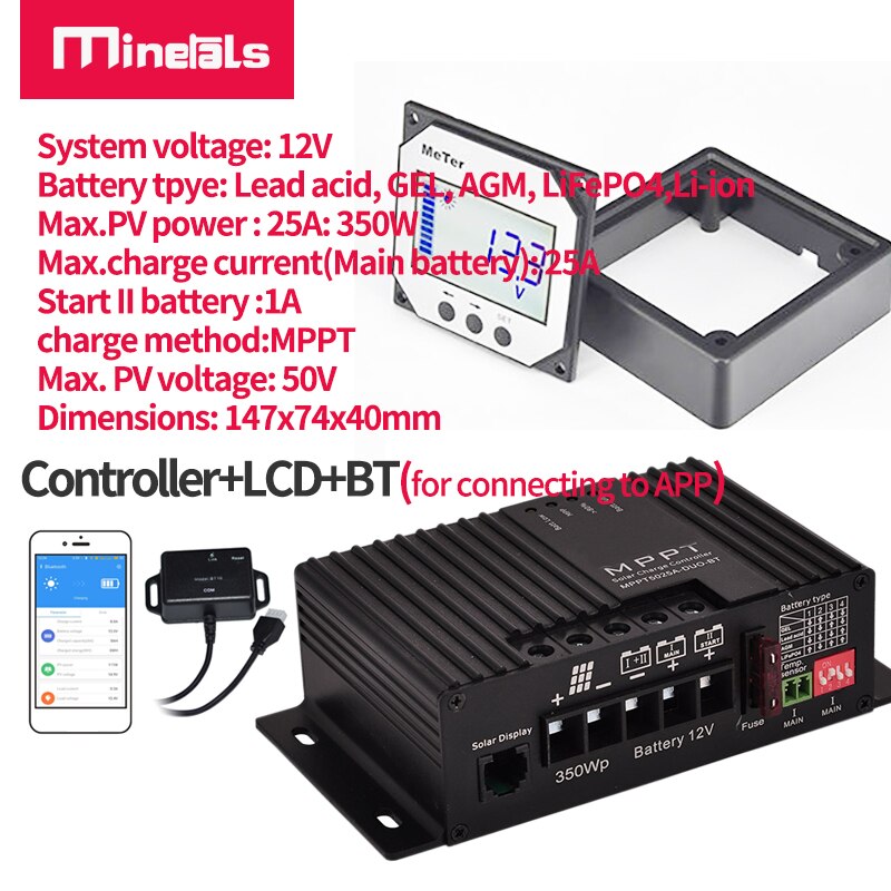Controlador MPPT 12v 25a compatible con aplicación Bluetooth controlador de carga Solar inteligente regulador Solar MPPT de batería Dual para regulador RV