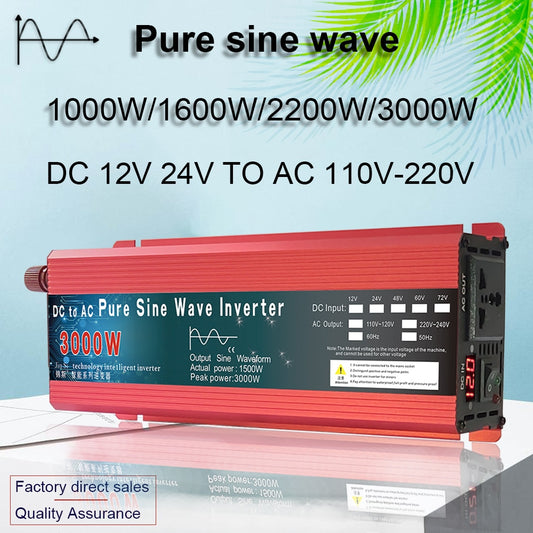 Reiner Sinus-Wechselrichter 12 V/24 V zu AC110 V 220 V 1000 W 2000 W 3000 W Spannungswandler Stromrichter Solar-Wechselrichter LED-Anzeige