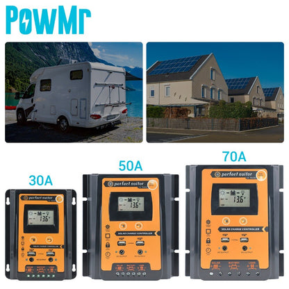 PowMr Mppt+PWM Solar Charge Controller 12V 24V 30A 50A 70A Solar Controller Solar Panel Battery Regulator Dual USB LCD Display