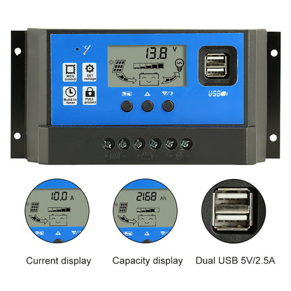 PowMr PWM 60A 50A 40A 30A 20A 10A Controlador de carga y descarga solar 12V 24V Regulador solar LCD automático con USB dual 5V NUEVO