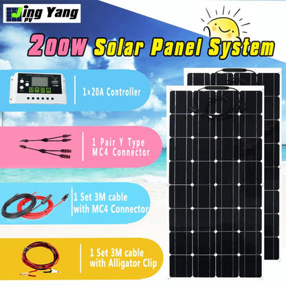 Célula solar mono 100 w 200 w kit de painel solar flexível com controlador de carga solar 10a/20a 12 v painéis solares para rv/barco/carro/acampamento