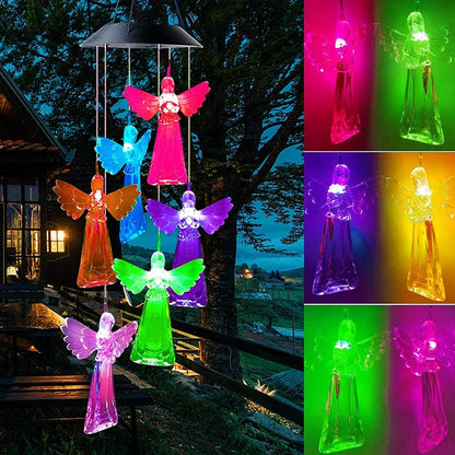 Color Changing Solar Power Wind Chime Hummingbird Angel Butterfly Waterproof Outdoor Decoration Light for Patio Yard Garden