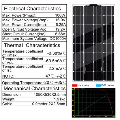 12V Flexible Solar Panel, Thermal Characteristics Dimension: 1050xX530X2.5mm