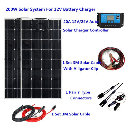 Célula solar mono 100 w 200 w kit de painel solar flexível com controlador de carga solar 10a/20a 12 v painéis solares para rv/barco/carro/acampamento