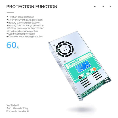 PowMr MPPT Solar Charge Controller 60A LCD Display 12V 24V 36V 48 Auto Solar Panel Battery Charge Regulator for Max 190VDC Input