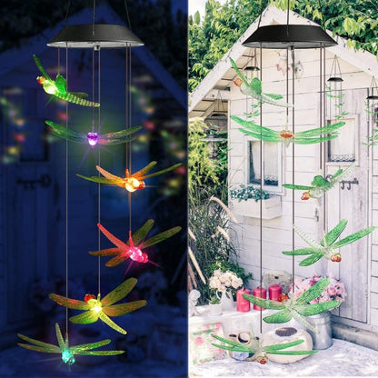 Color Changing Solar Power Wind Chime Hummingbird Angel Butterfly Waterproof Outdoor Decoration Light for Patio Yard Garden