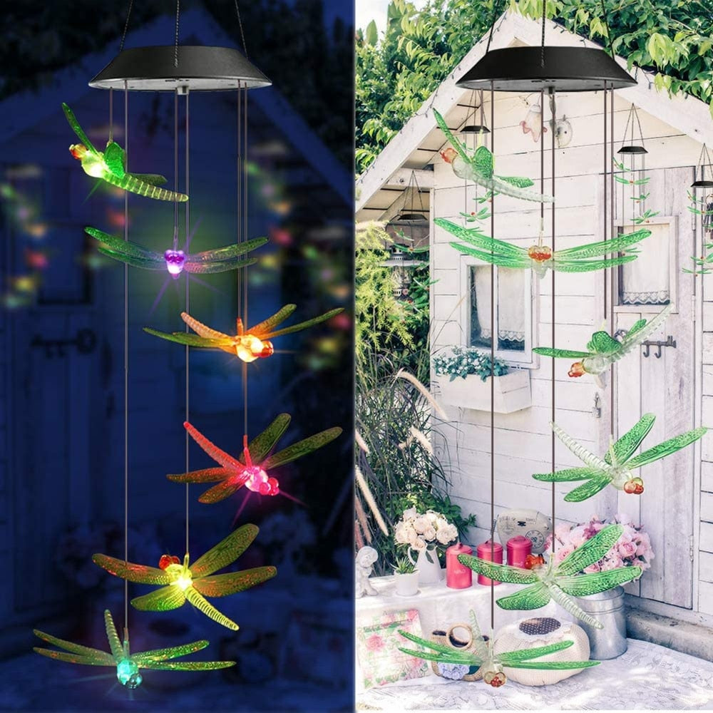 Color Changing Solar Power Wind Chime Hummingbird Angel Butterfly Waterproof Outdoor Decoration Light for Patio Yard Garden