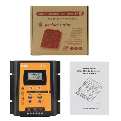 PowMr Mppt+PWM Solar Charge Controller 12V 24V 30A 50A 70A Solar Controller Solar Panel Battery Regulator Dual USB LCD Display