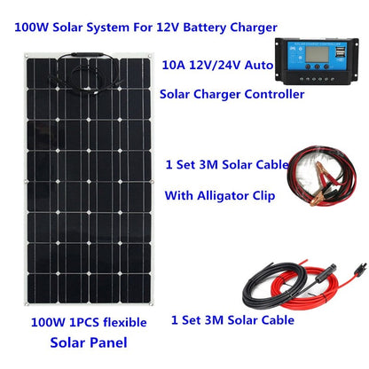 Célula solar mono 100 w 200 w kit de painel solar flexível com controlador de carga solar 10a/20a 12 v painéis solares para rv/barco/carro/acampamento