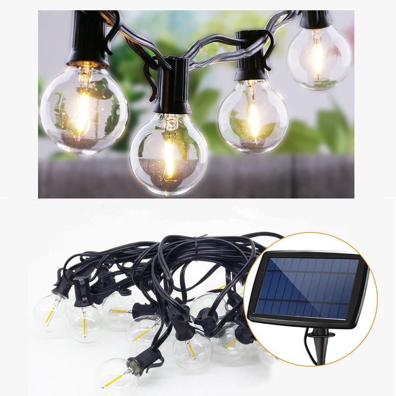 Guirlanda solar LED G40 Fio de luz de filamento de LED à prova d'água para ambientes internos e externos para jardim, feriados de Natal, luzes de casamento