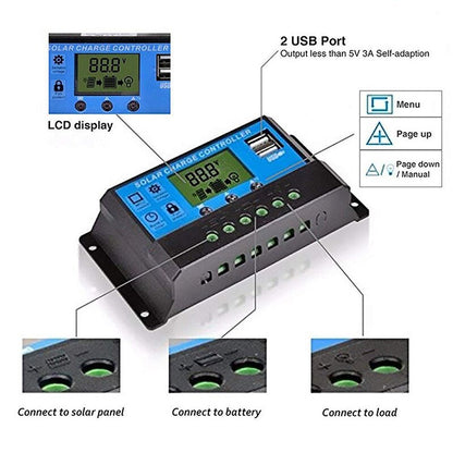 Regolatore di carica solare 30A 20A 10A PWM Regolatore 12V 24V Pannello solare PV Caricabatteria domestico LCD Dual USB 5V Uscita