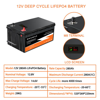 New 12V 280Ah LiFePO4 Battery Pack Lithium Iron Phosphate Bulit-in BMS Rechargeable Battery for Solar RV Boat Motor Tax Free