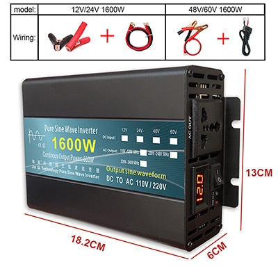 Onduleur à onde sinusoïdale Pure DC 12 v/24 v à AC 220 V 1000 W 1600 W 3000 W convertisseur de puissance transformateur de tension onduleur solaire affichage LED