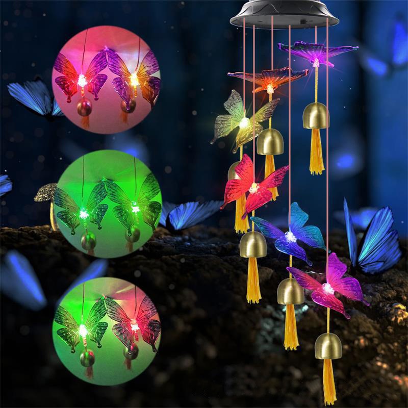 Color Changing Solar Power Wind Chime Hummingbird Angel Butterfly Waterproof Outdoor Decoration Light for Patio Yard Garden