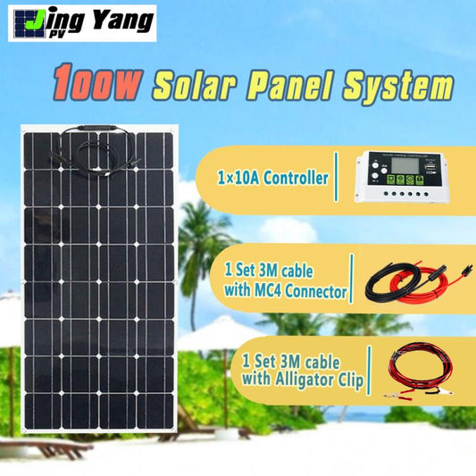 Célula solar mono 100 w 200 w kit de painel solar flexível com controlador de carga solar 10a/20a 12 v painéis solares para rv/barco/carro/acampamento
