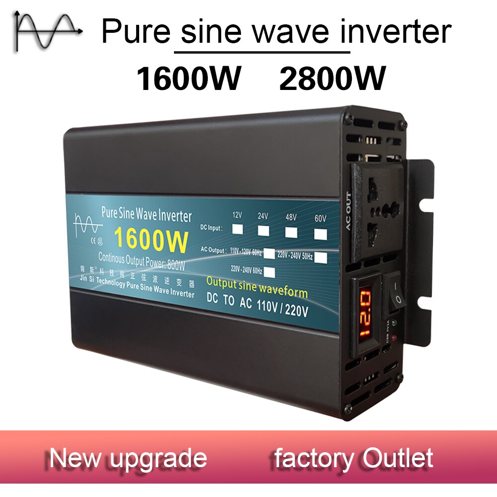 Inversor de onda sinusoidal pura DC 12v/24v a AC 220V 1000W 1600W 3000W Convertidor de potencia Transformador de voltaje Inversor solar Pantalla LED