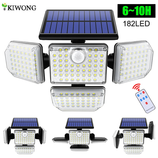 Luzes solares ao ar livre 182/112 Lâmpada de parede LED com cabeças ajustáveis ​​Holofote LED de segurança IP65 à prova d'água com 3 modos de trabalho