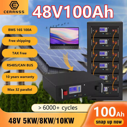 LiFePO4-Batterie 48V 100AH ​​200AH 5KW 10KW Lithium-Solarbatterie 6000+ Zyklen RS485 CAN 16S 100A BMS Max. 32 Parallel für Wechselrichter