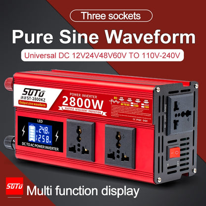 Pure Sine Waveform Universal Inverter DC 12V24V48V60V to 110V-240V LCD Screen Inverter 1800W/2200W/3000W PowerConverter 50/60HZ