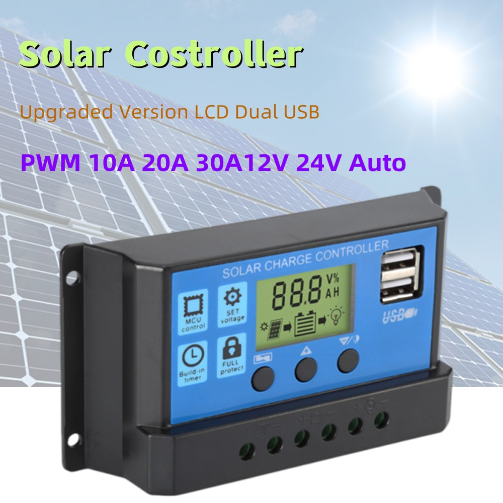 Atualizado 10A 20A 30A Controlador Solar 12V/24V Painel Solar Automático PV Regulador PWM Carregador de Bateria 5V Saída Visor LCD USB Duplo