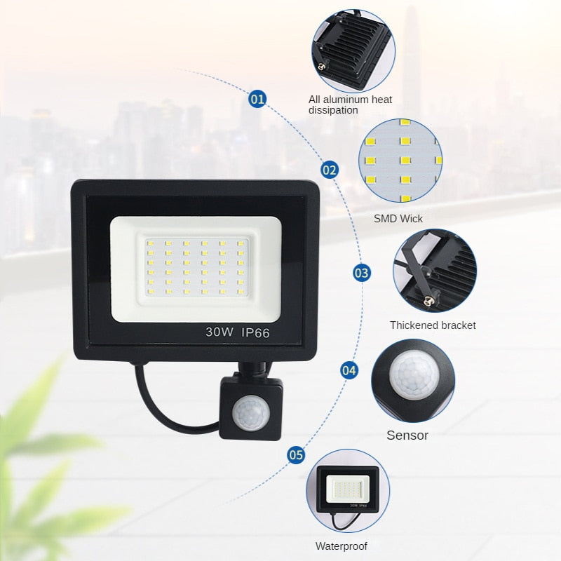 PIR Motion Sensor LED Flood Light 220V Faretti impermeabili 30W 50W 100W Lampada da parete Riflettore Illuminazione esterna per Garden Street