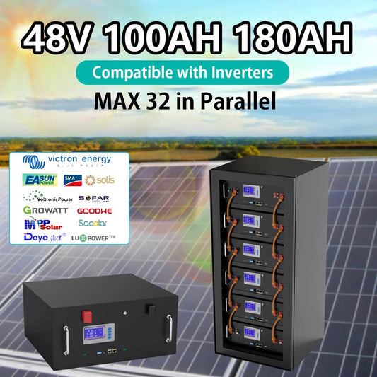 Paquete de batería LiFePO4 48V 100AH ​​180AH - Batería de litio de 5KW 9KW 6000+ Ciclos Max 32 Paralelo Compatible con inversor para UPS solar