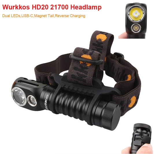Wurkkos HD20 farol recarregável 21700 farol 2000lm LED duplo LH351D XPL USB carga reversa cauda magnética luz de acampamento de trabalho