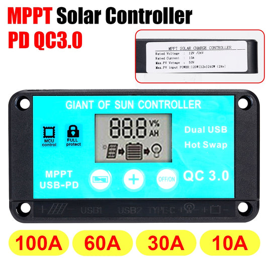 Controlador de carga solar MPPT 10-100A 12V/24V Regulador solar de proteção múltipla Tela LCD Carregamento rápido 3.0 Carregador de bateria