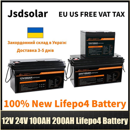 Jsdsolar LiFePo4 100ah 200Ah Removable Energy Storage Battery 12V 24V LiFePo4 Battery Built-in BMS for Solar Boat Free Tax Vat