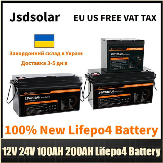 Jsdsolar LiFePo4 100ah 200Ah Abnehmbare Energiespeicherbatterie 12V 24V LiFePo4-Batterie Eingebautes BMS für Solarboot Kostenlose Steuer Mehrwertsteuer