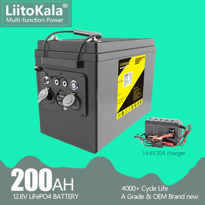 LiitoKala 12V 200Ah LiFePO4 Battery 12.8V Power For RV Campers Golf Cart Off-Road Off-grid Solar Wind，QC3.0 Type-C USB output