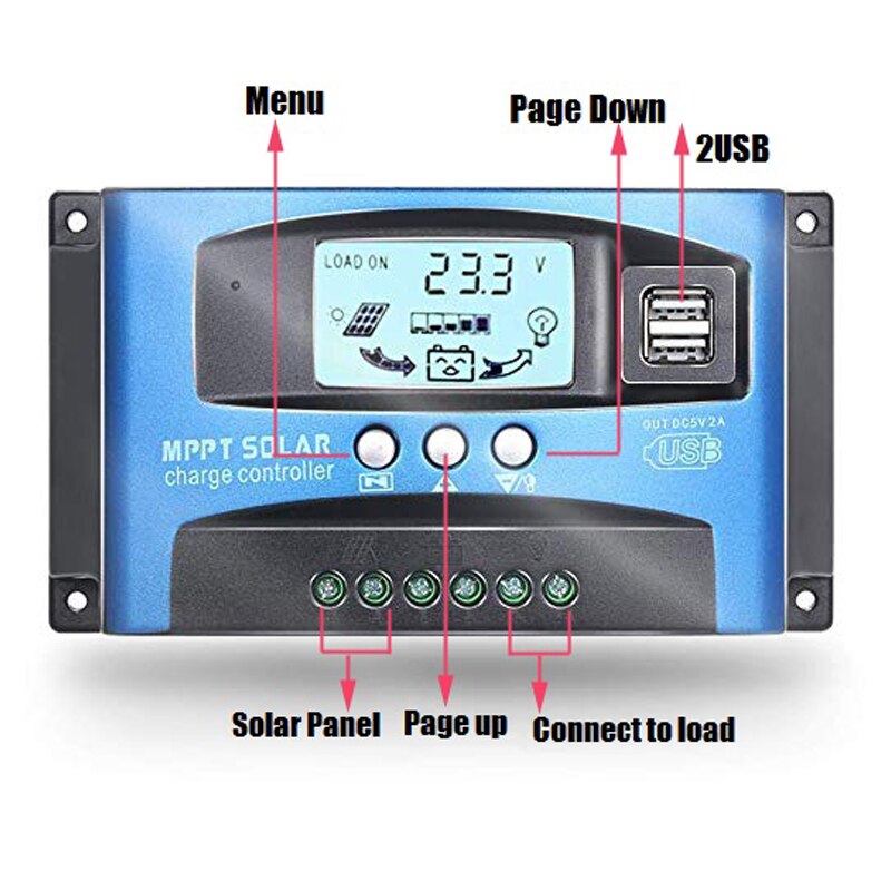 Contrôleur solaire MPPT 30A 40A 50A 60A 100A double écran LCD USB 12V 24V régulateur de chargeur de panneau de cellules solaires automatique avec charge