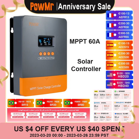 PowMr 100% MPPT 60A controlador de carga solar 190 V Plus versão DSP regulador trabalho para bateria solar 12 V 24 V 36 V 48 V painel solar