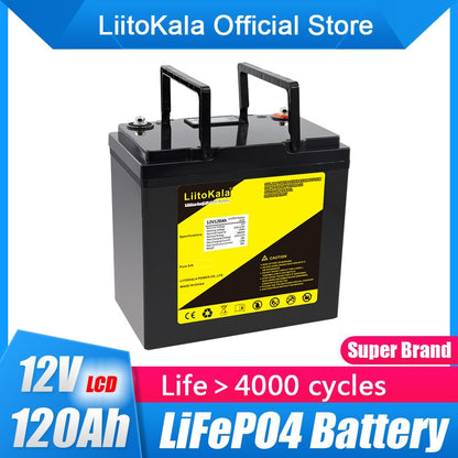 LiitoKala 12 v 120ah capacidade lifepo4 12.8 v bateria solar rv ferro de lítio recarregável com bms para acampamento ao ar livre