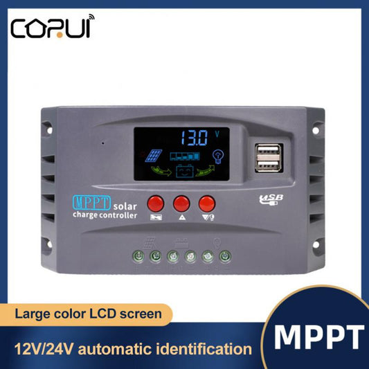 Controlador de carga solar CORUI 10A 20A 30A MPPT Regulador 12V 24V com visor LCD Controlador solar duplo de carregamento USB