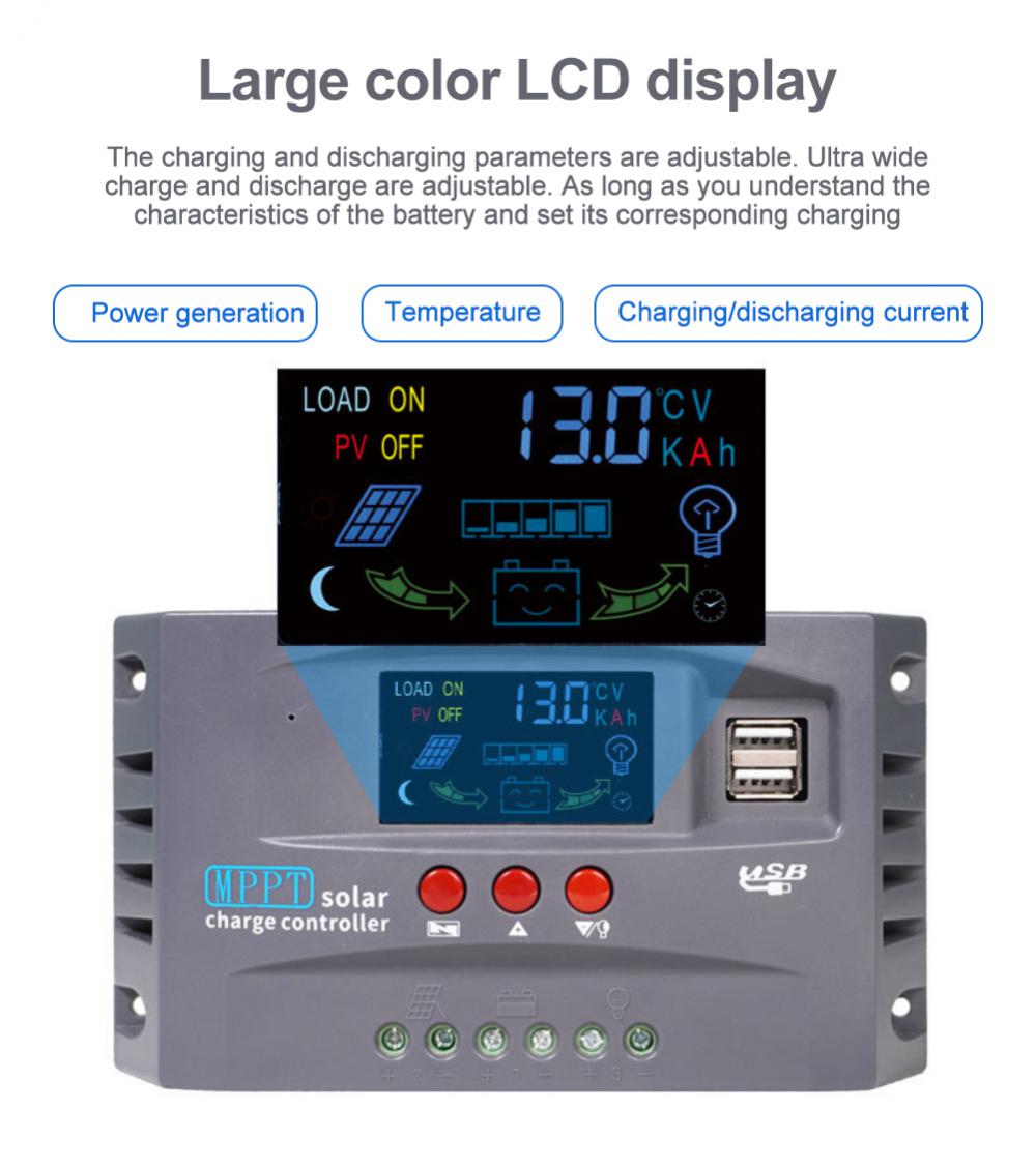 Controlador de carga Solar CORUI 10A 20A 30A MPPT, regulador de 12V 24V con pantalla LCD, controlador Solar de carga USB Dual