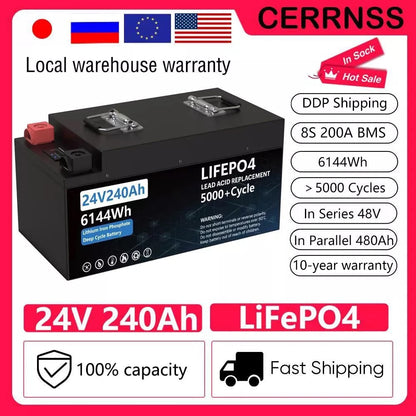 LiFePO4 24V 200AH Battery Pack - 240AH Lithium Iron Phosphate Solar Batteries Grand A Cells Built-in 200A BMS For RV Boat NO TAX