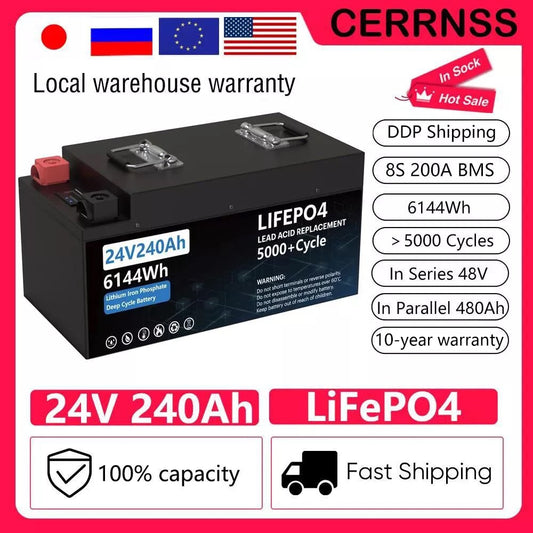 LiFePO4 24V 200AH Paquete de batería - 240AH Baterías solares de fosfato de hierro y litio Grand A Cells 200A BMS incorporado para RV Boat SIN IMPUESTOS