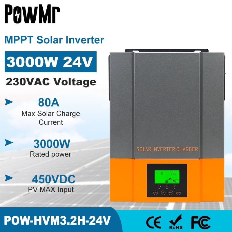 PowMr 3200VA 3000W Inversor solar 24V Integrado MPPT 80A Controlador solar 230VAC Voltaje de salida Max PV 450VDC Soporte WIFI