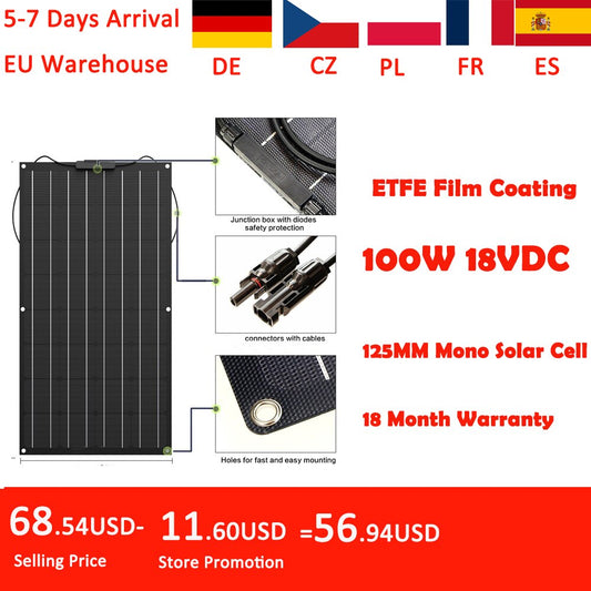 Painel solar 100 W 200 W 300 W 400 W etfe Painel solar flexível com célula solar monocristalina 12 V Carregador de bateria RV/barco/carro