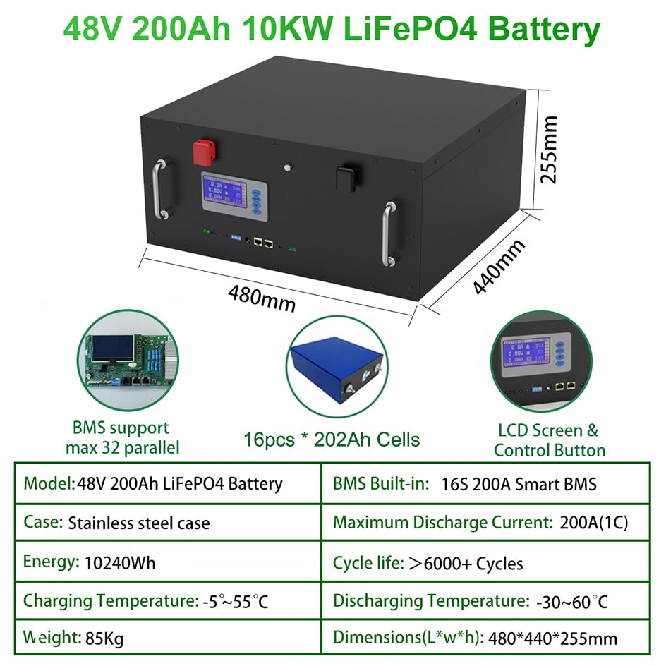 Pacco batterie LiFePO4 48V 230Ah 200Ah 100Ah 51.2V 12Kw 10Kw 6000 Cycle Max 32 Parallel PC Monitor Inverter Batteria con CAN RS485