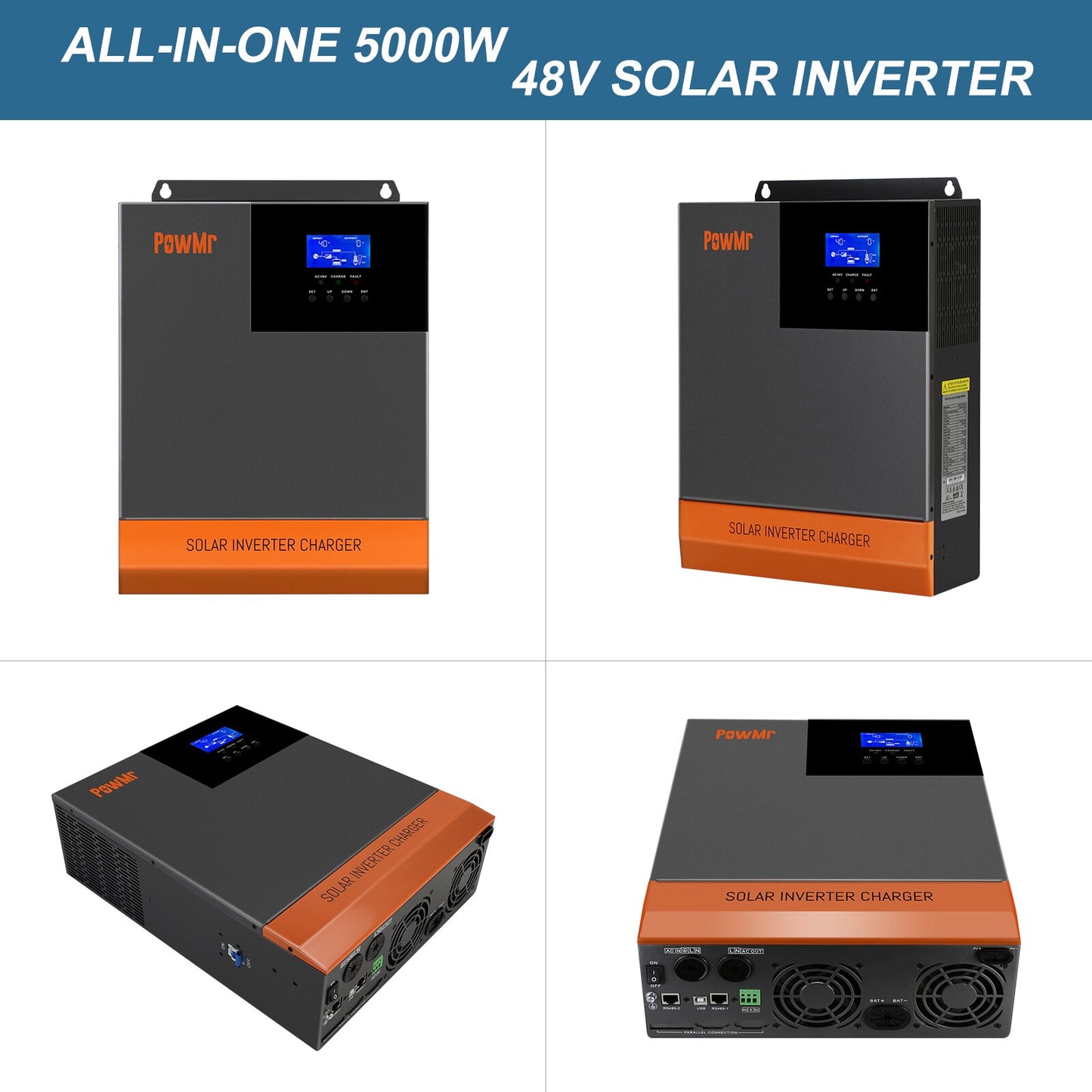 PowMr 110V Inversor Solar Híbrido 48V 24V 5KW 3KW MPPT Build-In 80A 60A Carregador Inversor Híbrido de Onda Senoidal Pura 100V a 120V