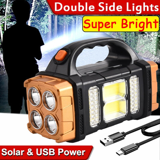 Tragbare leistungsstarke Solar-LED-Taschenlampe mit COB-Arbeitsscheinwerfern, wiederaufladbar über USB, 4 Beleuchtungsmodi, Solar-Taschenlampe für den Außenbereich