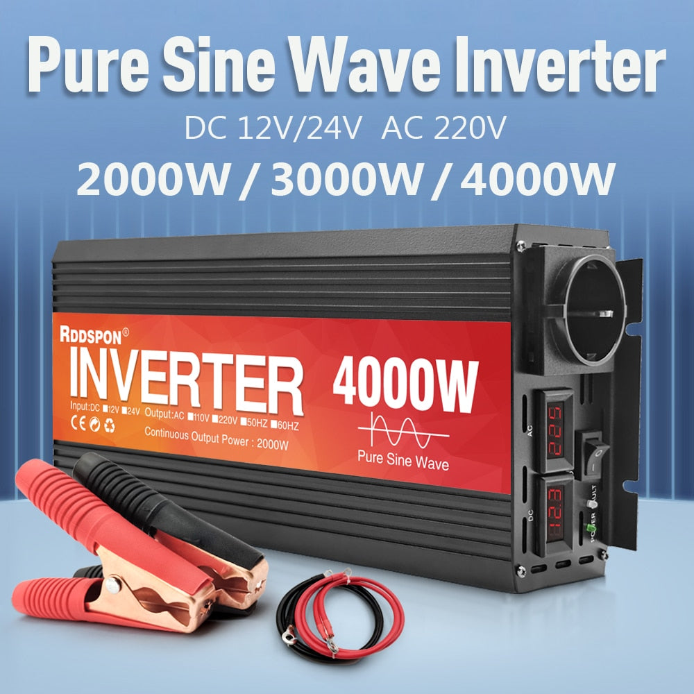 Nouveau onduleur à onde sinusoïdale Pure 1000W-4000W onduleurs solaires de voiture avec affichage à LED DC 12V 24V à AC 220V convertisseur de tension