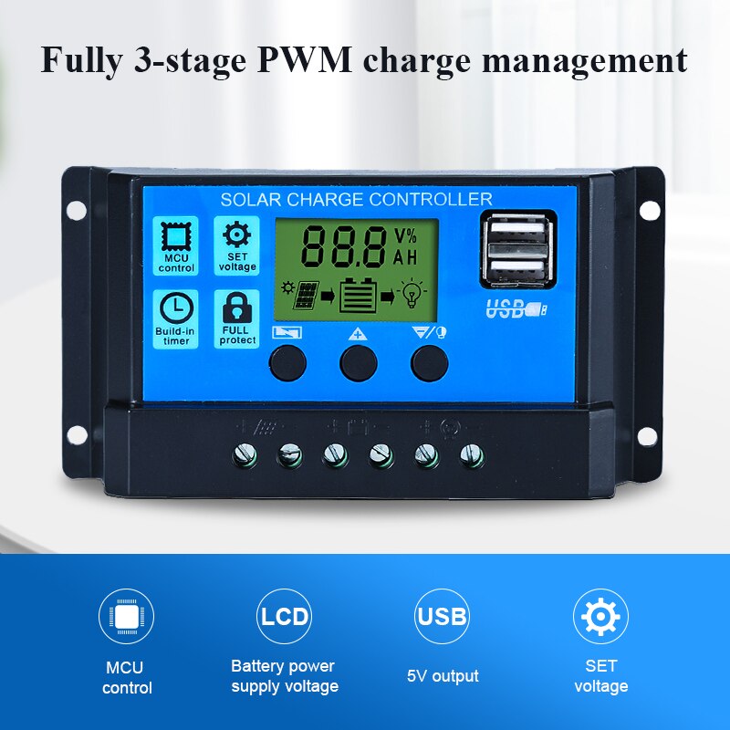 SUYEEGO 30A 20A 10A contrôleur solaire PWM chargeur de batterie 12V 24V affichage LCD automatique double sortie USB 5V panneau solaire régulateur PV