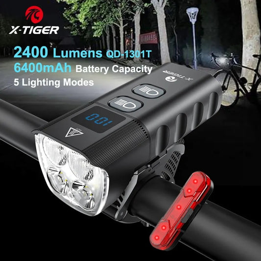 X-TIGER Luz delantera Lámpara de bicicleta Linternas LED recargables por USB 2400 lúmenes 6400 mAh Faros de bicicleta de montaña al aire libre