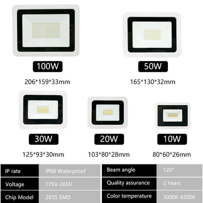 LED Flood Light IP68 Waterproof AC 220V 10W 20W 30W 50W 100W Outdoor Garden Projector Lighting Spotlight Wall Lamps Flood Lights