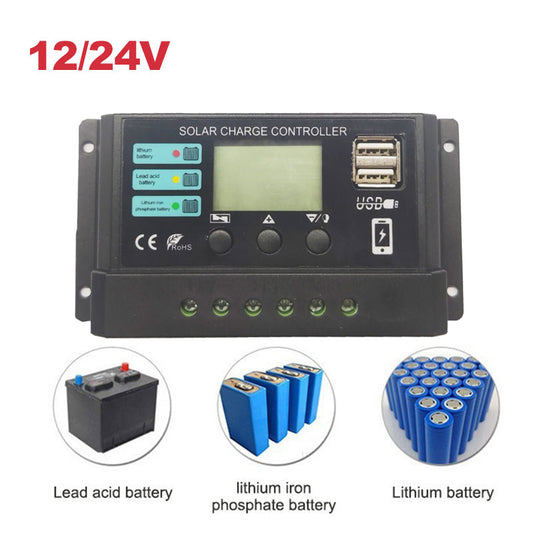 Regulador inteligente 10A/20A/30A puerto USB Dual 12V 24V regulador de carga Solar PWM ajustable para batería de fosfato de hierro y litio