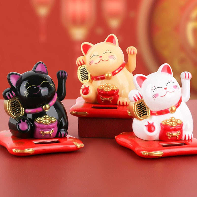 Solar Powered Maneki Neko Lucky Cat - Welcoming Chinese Lucky Cat Waving Hand Beckoning Fortune Cat Figurines For Home Decor