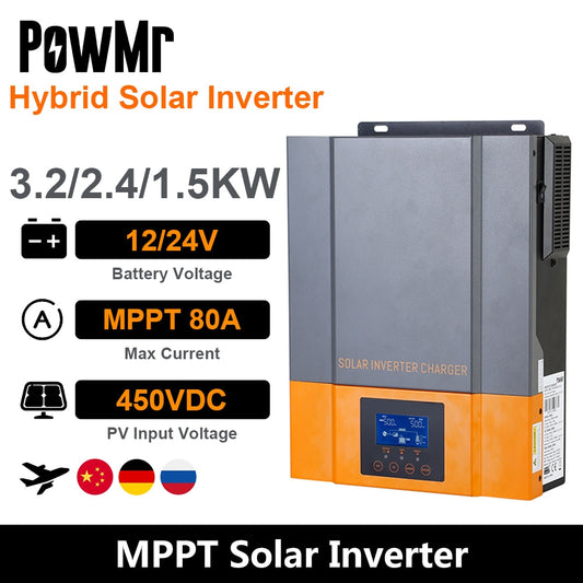 PowMr 3,2 kW Hybrid-Solar-Wechselrichter, 24 V bis 230 V, MPPT, 80 A Ausgang, Photovoltaik-Hybrid-Wechselrichter, integrierter MPPT-Solarladeregler